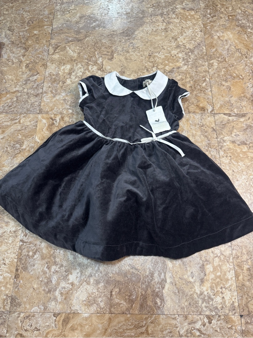 Girls' Black Velvet Dress with White Collar and Bow
